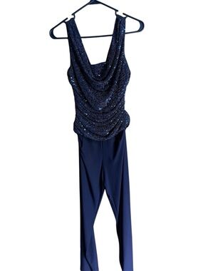 R&M Richards Navy Drape Neck Jumpsuit